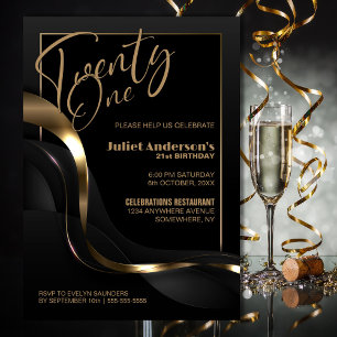 Invitation Black Gold moderne 21e fête d'anniversaire