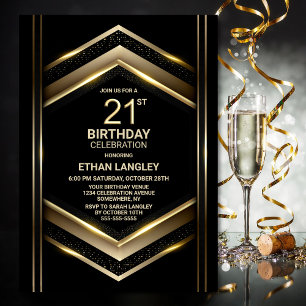 Invitation Black Gold moderne 21e fête d'anniversaire