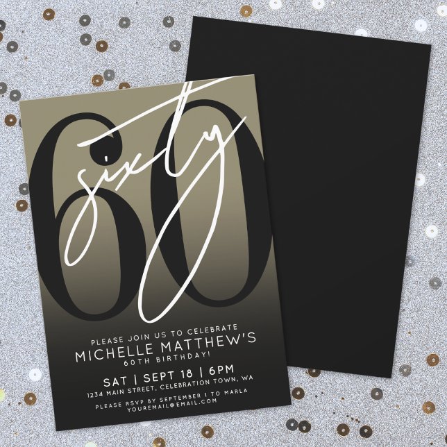 Invitation Black Gold moderne 60e fête d'anniversaire (Modern Black Gold 60th Birthday Party Invitation)