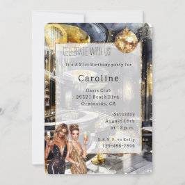 Invitation Black Gold Night Club Party Girls Disco Anniversai