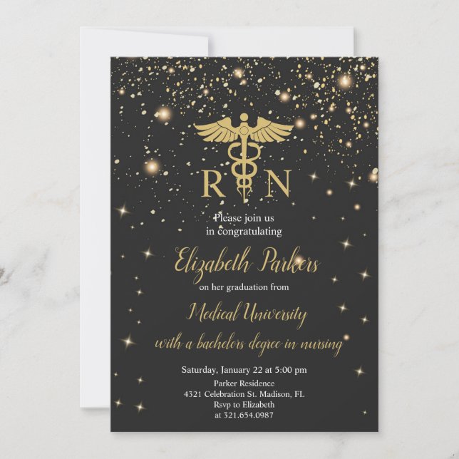 Invitation Black Gold Nursing Graduation Party (Devant)