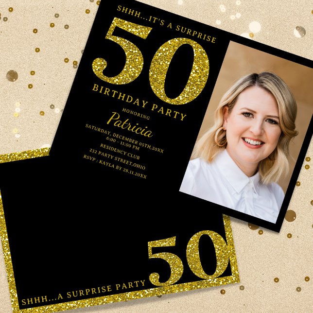 Invitation Black Gold Parties scintillant 50e photo d'anniver (Glam 50th Birthday Invitations with Personalized Picture -
)