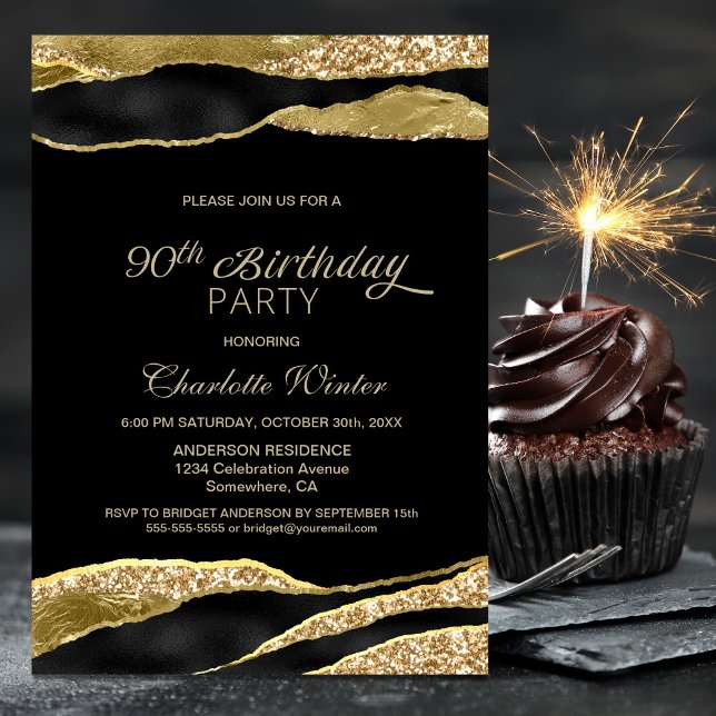 Invitation Black Gold Parties scintillant 90e fête d'annivers (Créateur téléchargé)