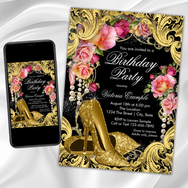 Invitation Black Gold Parties scintillant Chaussures Annivers (Gold high heel shoe birthday party invitation with gold shoes on a beautiful coral gold background.)