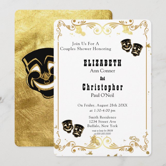 Invitation Black Gold Parties scintillant Comédie & Tragédie  (Devant / Derrière)