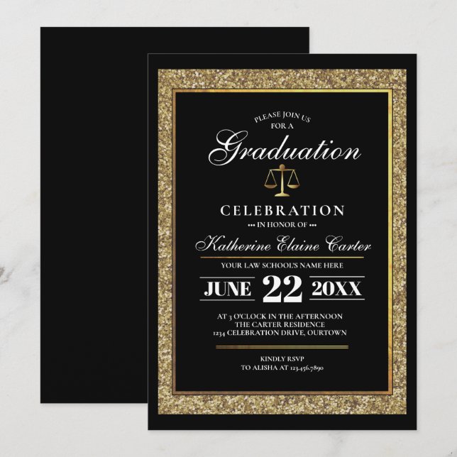 Invitation Black|Gold Parties scintillant Law School Graduati (Devant / Derrière)