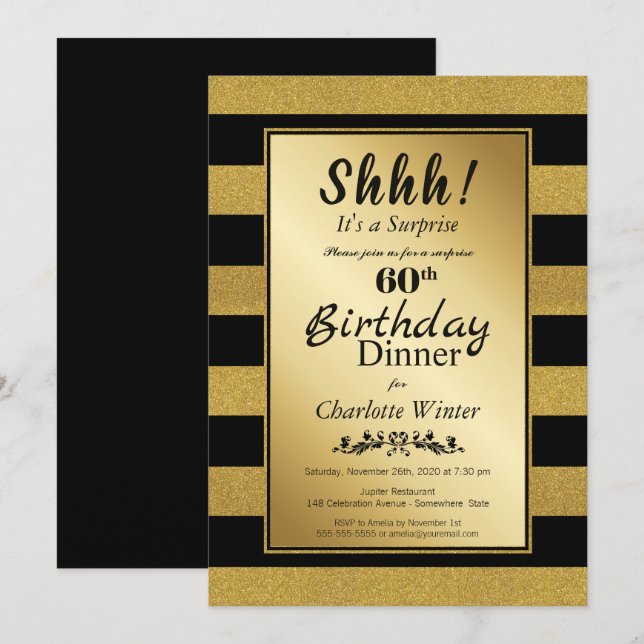 Invitation Black & Gold Parties scintillant Surprise 60e anni (Devant / Derrière)