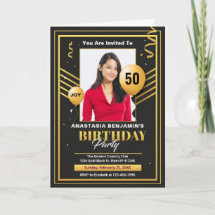 Invitation Black Gold Photo 50th Birthday Party Élégant