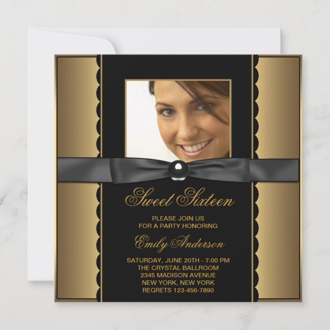 Invitation Black Gold Photo Sweet 16 Party (Devant)