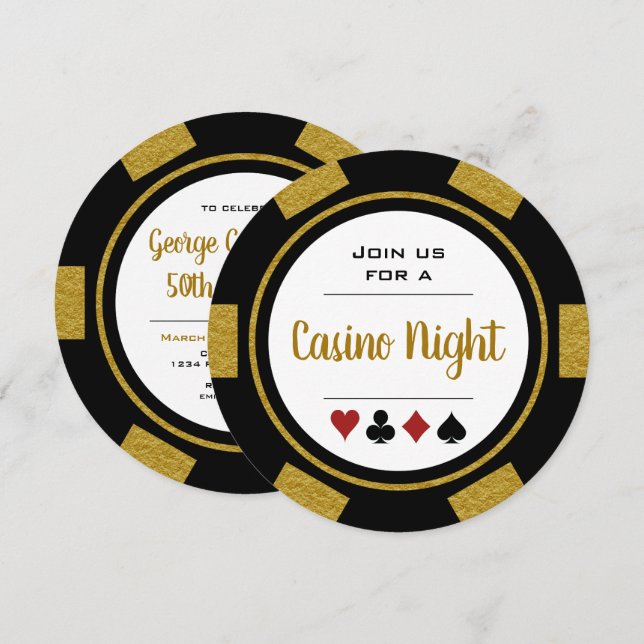Invitation Black Gold Poker Chip Casino Nuit Anniversaire (Devant / Derrière)