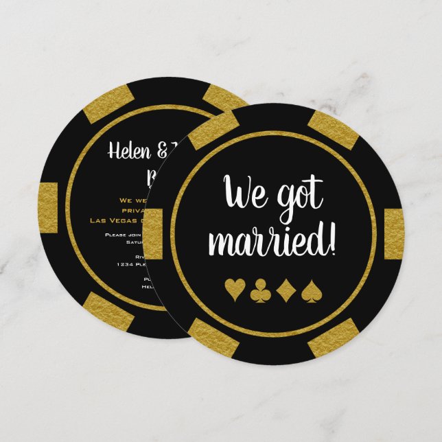 Invitation Black Gold Poker Chip Las Vegas Mariage Eloped (Devant / Derrière)