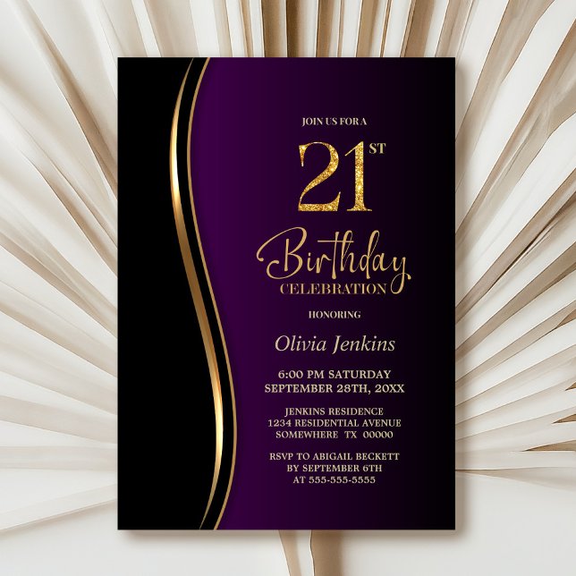 Invitation Black Gold Purple 21e fête d'anniversaire (Créateur téléchargé)