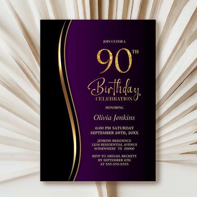 Invitation Black Gold Purple 90e fête d'anniversaire (Créateur téléchargé)