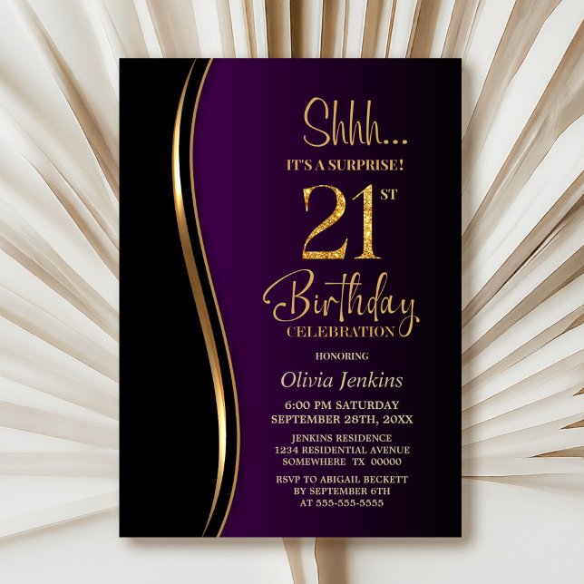 Invitation Black Gold Purple Surprise 21e anniversaire (Créateur téléchargé)