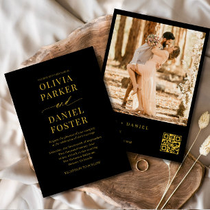 Invitation Black Gold QR Code photo Mariage élégant