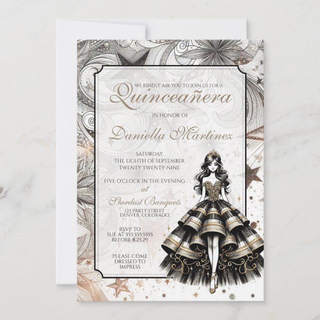 Invitation Black & Gold Quinceañera (Devant)