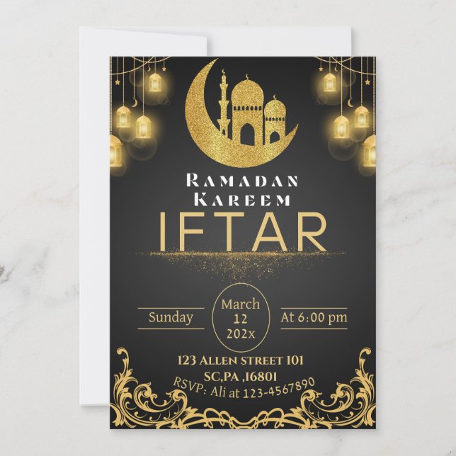 Invitation Black & Gold Ramadan Iftar Party (Devant)