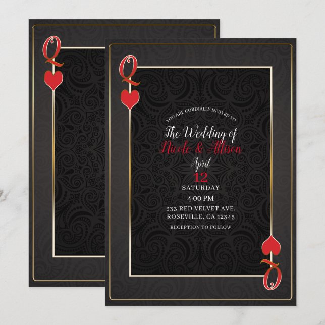 Invitation Black Gold & Red Queen of Hearts Mariage élégant (Devant / Derrière)