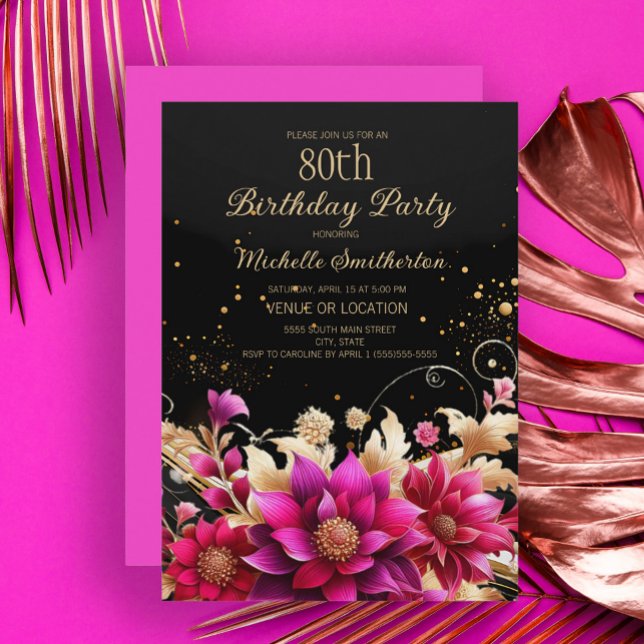Invitation Black Gold Rose Floral 80e fête d'anniversaire (Black, fuchsia, and gold floral 80th birthday party invitation)