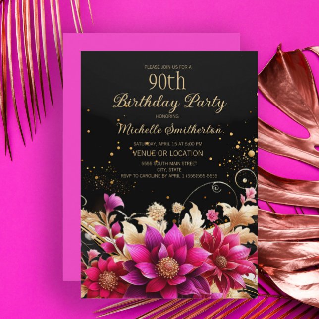 Invitation Black Gold Rose Floral 90e fête d'anniversaire (Black, fuchsia, gold floral 90th birthday party invitation)