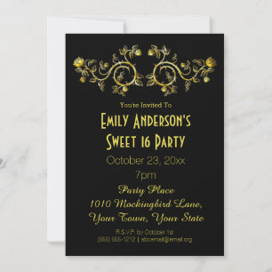Invitation Black Gold Rose Glamor Thème Sweet 16 Anniversaire