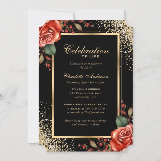 Invitation Black Gold Rose Photo Célébration de la vie (Devant)