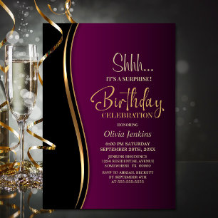Invitation Black Gold Rose Surprise fête d'anniversaire