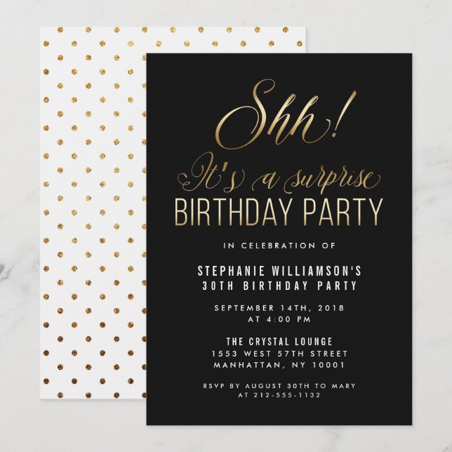 Invitation Black & Gold Shh ! C'est une fête d'anniversaire s (Devant / Derrière)