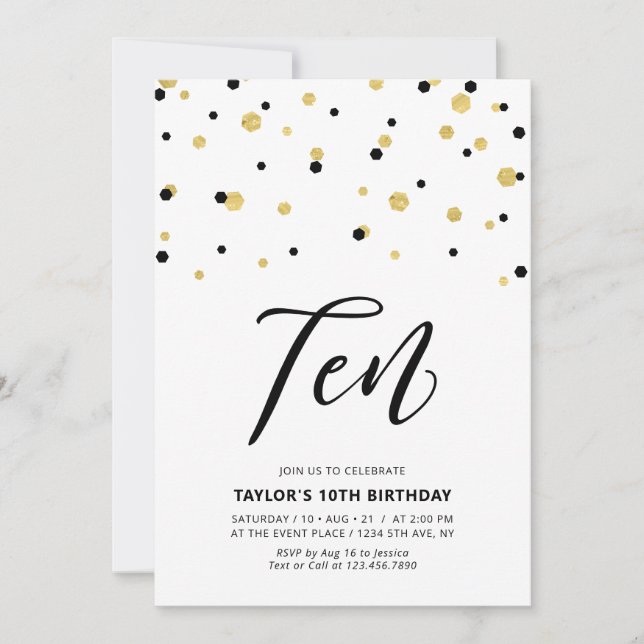 Invitation Black & Gold Simple 10ème Ado Anniversaire fêtes I (Devant)