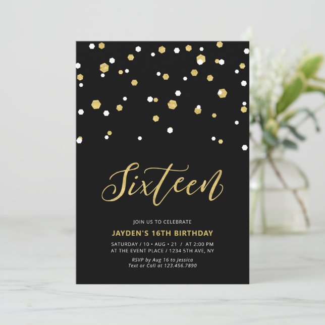 Invitation Black & Gold Simple 16ème Ado Anniversaire fêtes I (Debout devant)