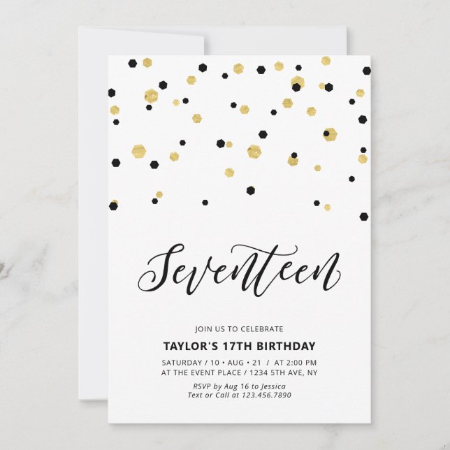 Invitation Black & Gold Simple 17ème fête d'anniversaire Ado (Devant)
