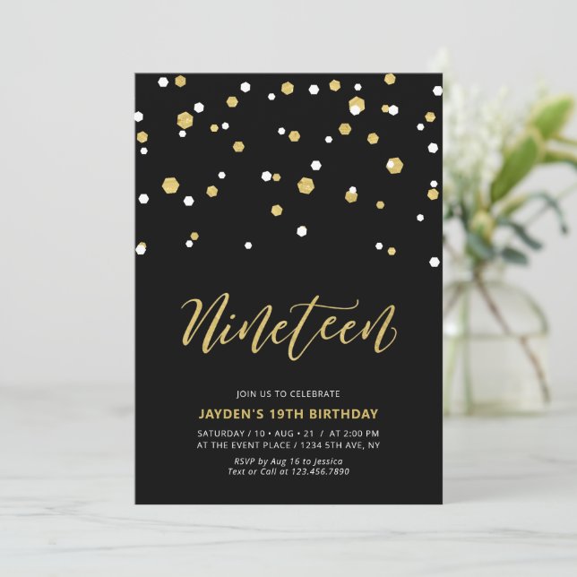 Invitation Black & Gold Simple 19ème Ado Anniversaire fêtes I (Debout devant)