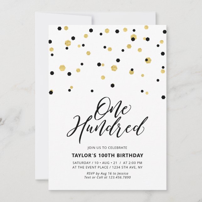 Invitation Black & Gold Simple Cent 100e fête d'anniversaire (Devant)