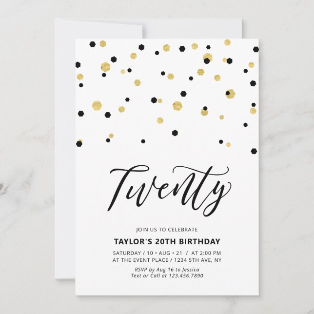 Invitation Black & Gold Simple Vingt 20e anniversaire (Devant)