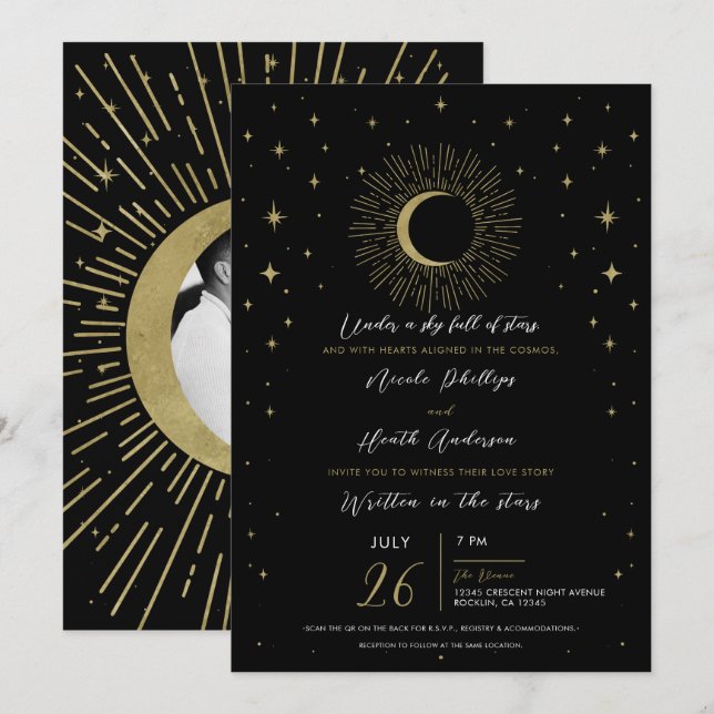 Invitation Black & Gold Stars Celestial Sunburst Moon Mariage (Devant / Derrière)