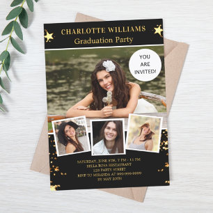 Invitation Black gold stars photo graduation fête de remise d