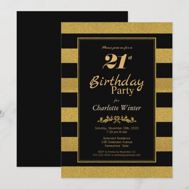 Invitation Black Gold Striped 21e fête d'anniversaire (Devant / Derrière)