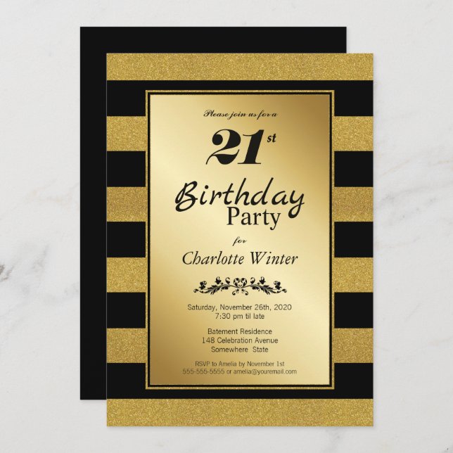 Invitation Black Gold Striped 21e fête d'anniversaire (Devant / Derrière)