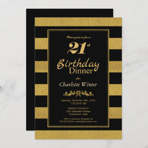 Invitation Black Gold Striped 21ème anniversaire Dîner