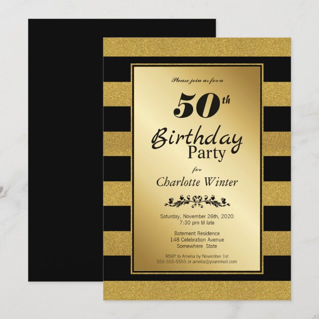 Invitation Black Gold Striped 50e anniversaire fête (Devant / Derrière)
