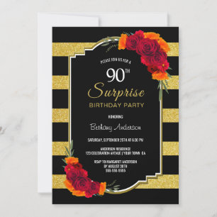 Invitation Black Gold Striped Floral Surprise 90e anniversair