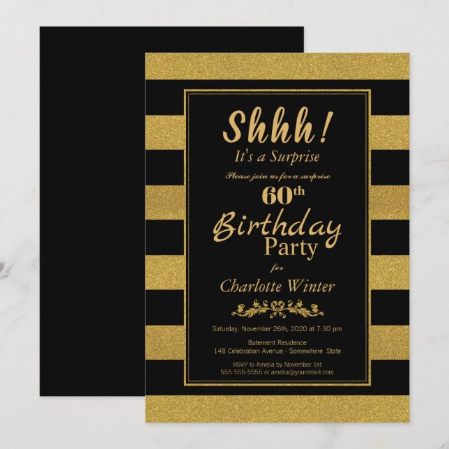 Invitation Black & Gold Striped Surprise 60e fête d'anniversa (Devant / Derrière)