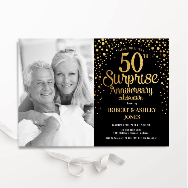 Invitation Black Gold Surprise 50th Anniversary Photo (Créateur téléchargé)