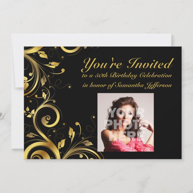 Invitation Black+Gold Swirl, Photo personnalisée 50e annivers (Devant)