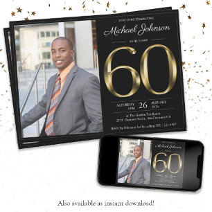 Invitation Black Gold Texte Classy Photo 60th Birthday Party