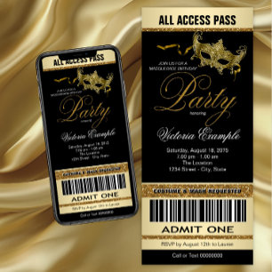 Invitation Black Gold Ticket Style Masquerade Party