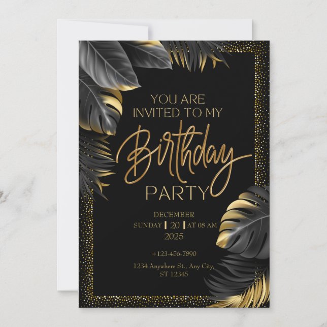 Invitation Black Gold Tropical Leaf Bonne fête d'anniversaire (Devant)