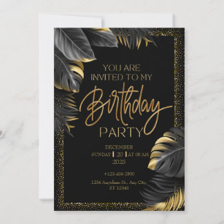 Invitation Black Gold Tropical Leaf Bonne fête d'anniversaire