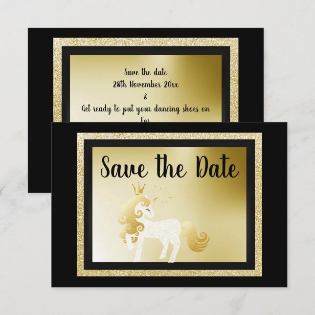 Invitation Black Gold Unicorn Anniversaire fête Enregistrer l (Devant / Derrière)