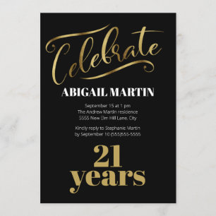 Invitation Black Gold White 21e fête d'anniversaire